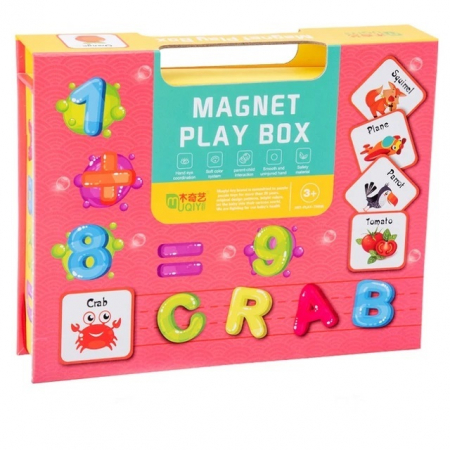 Jucarii Montessori din lemn - Cutie cu puzzle Magnetic Play Box Cifre si Litere, 101 piese, multicolor