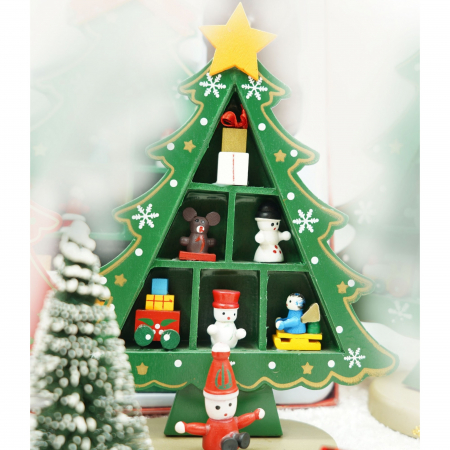 Decoratiune Craciun, Brad,  3 randuri cu ornamente,  Lemn, Verde [1]