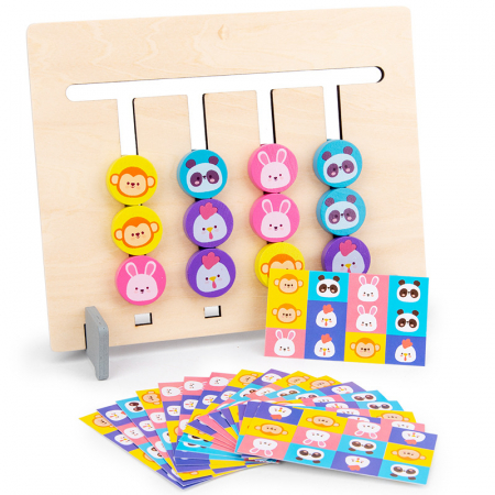 Jucarii Montessori din lemn - Joc de logica Labirint 4 in linie Asocieri culori si animale cu sabloane, multicolor