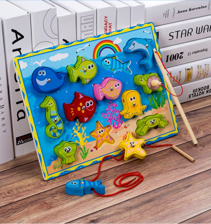 Joc de pescuit magnetic din lemn 3 in 1, snuruit, puzzle incastru, multicolor [2]
