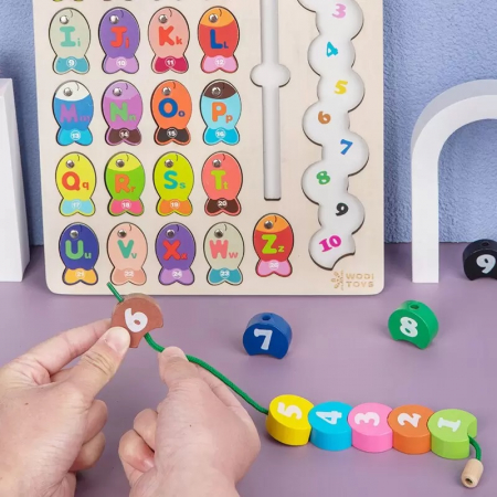 Joc de pescuit magnetic din lemn 3 in 1 Omida, snuruit, puzzle incastru, 39 piese, multicolor [4]