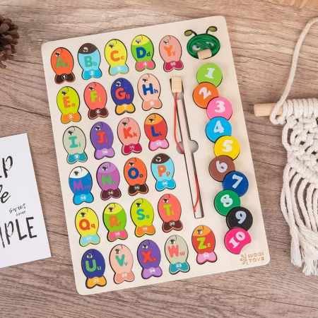 Joc de pescuit magnetic din lemn 3 in 1 Omida, snuruit, puzzle incastru, 39 piese, multicolor [1]