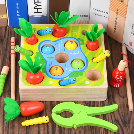 Joc de pescuit magnetic Montessori motricitate cu morcovi Fun Farm, multicolor [4]