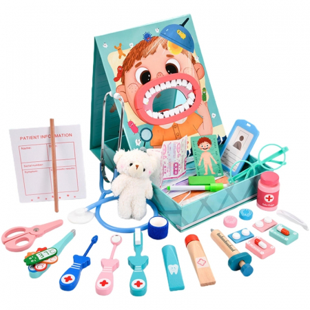 Jucarii Montessori din lemn - Joc de rol din lemn Doctor Stomatolog, 30 piese, multicolor