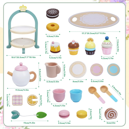 Joc de rol Montessori din lemn Set de Ceai cu accesorii si Prajituri, 23 piese, multicolor [6]