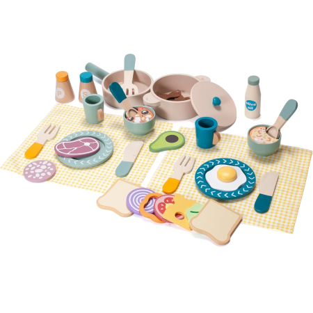 Bucatarii de jucarie si accesorii - Joc de rol Montessori din lemn Vase pentru Gatit cu accesorii, 39 piese, multicolor