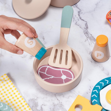 Joc de rol Montessori din lemn Vase pentru Gatit cu accesorii, 39 piese, multicolor [2]