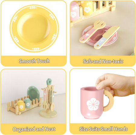 Joc de rol Montessori din lemn Vesela Bucatarie cu accesorii, 22 piese, multicolor [8]