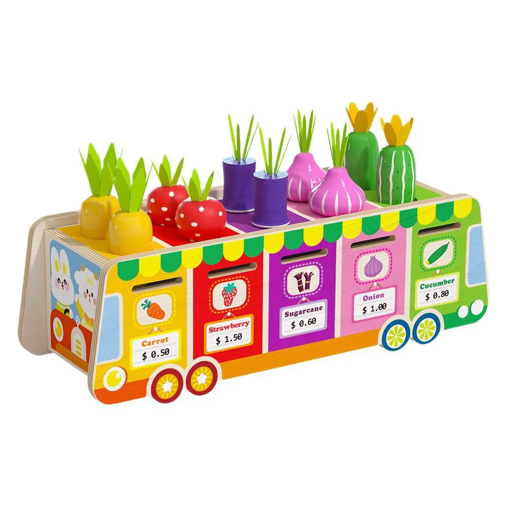 Jucarii Montessori din lemn - Joc de sortare si clasificare Toneta cu fructe si legume, multicolor