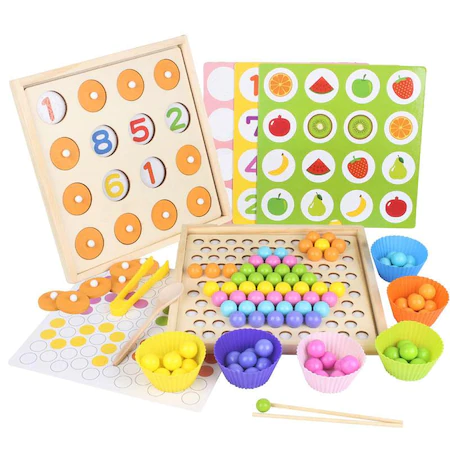 Joc educativ Montessori 2 in 1 de memorie si motricitate fina, sortare, mozaic cu bile din lemn, cleste, lingura, chopsticks, multicolor [0]