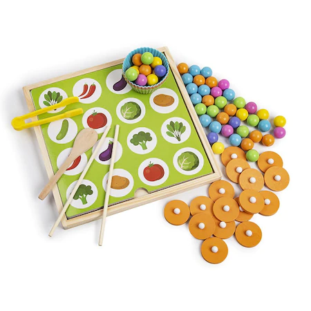 Joc educativ Montessori 2 in 1 de memorie si motricitate fina, sortare, mozaic cu bile din lemn, cleste, lingura, chopsticks, multicolor [5]