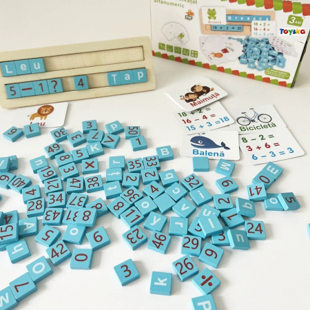 Joc educativ alfanumeric in limba Romana din lemn, asociere si sortare tip Montessori, 110 piese [1]
