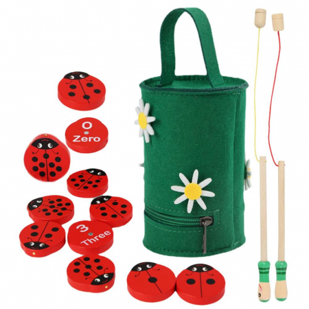 Jucarii Montessori din lemn - Joc educativ Buburuza 2 in 1, Invatam numere si pescuim, multicolor