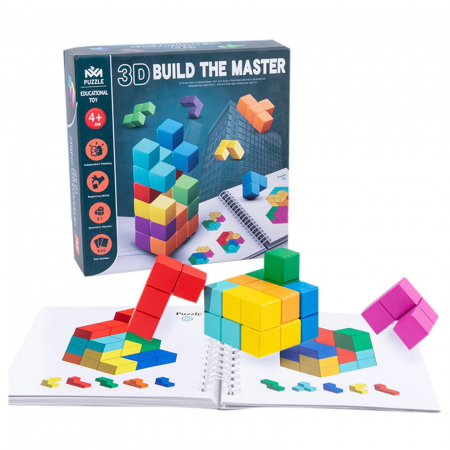 Jucarii Montessori din lemn - Joc educativ Build the Master, Tetris 3D cuburi din lemn, multicolor