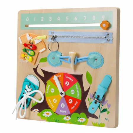 Jucarii Montessori din lemn - Joc educativ Busy Board cu 7 activitati, multicolor