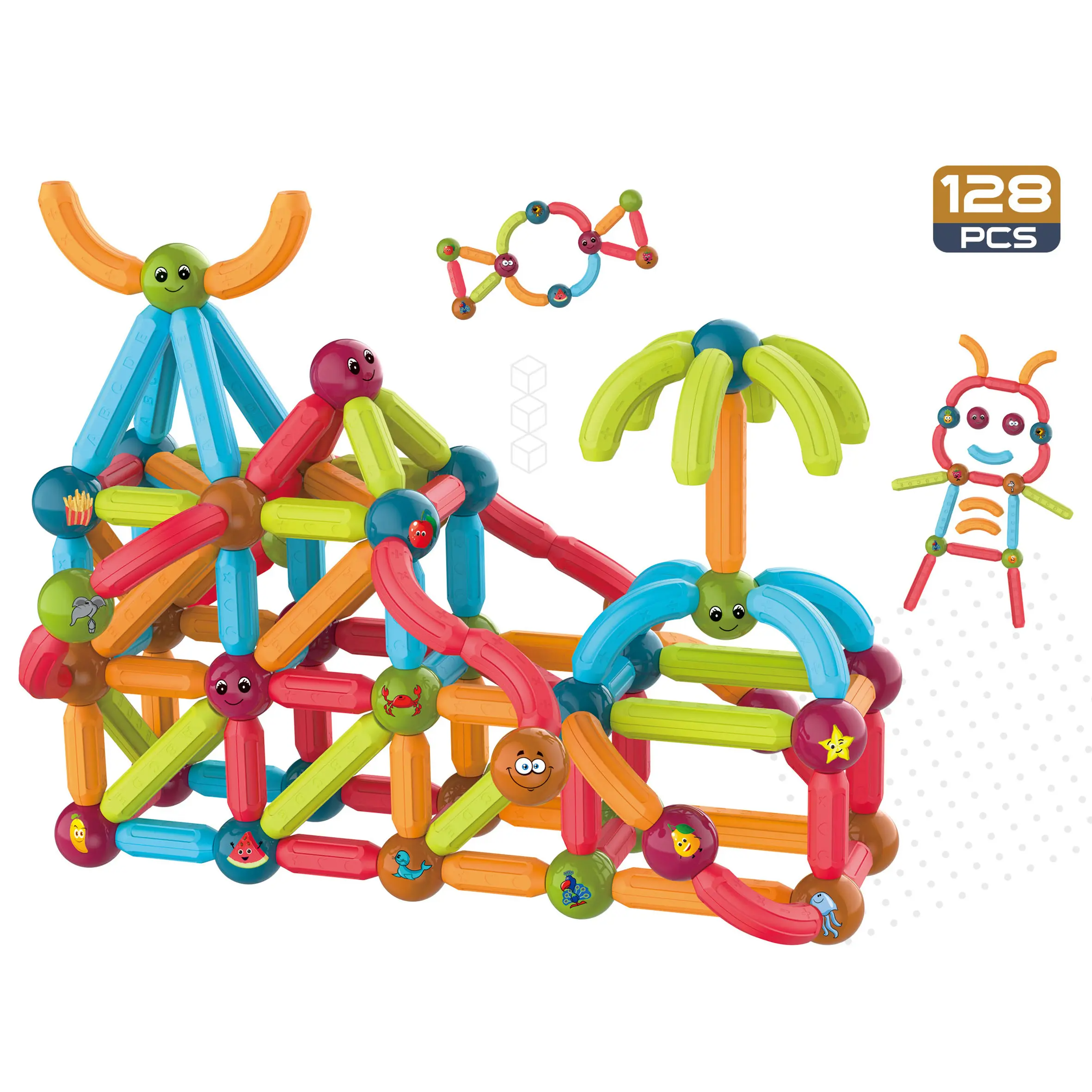 Joc educativ constructii magnetice Magnetic Sticks cu animale, 128 piese, multicolor [1]