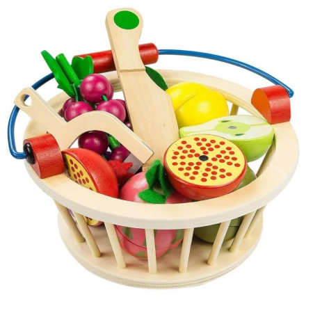 Jucarii Montessori din lemn - Joc educativ Cos cu fructe din lemn pentru feliat, 12 piese, multicolor