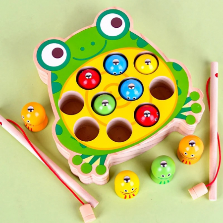 Joc educativ de pescuit magnetic din lemn Broscuta Vesela, multicolor [3]