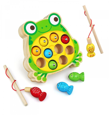 Jucarii Montessori din lemn - Joc educativ de pescuit magnetic din lemn Broscuta Vesela, multicolor