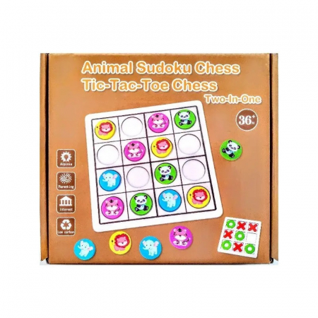 Joc educativ din lemn 2 in 1 X si Zero si Sudoku Animale, multicolor [3]
