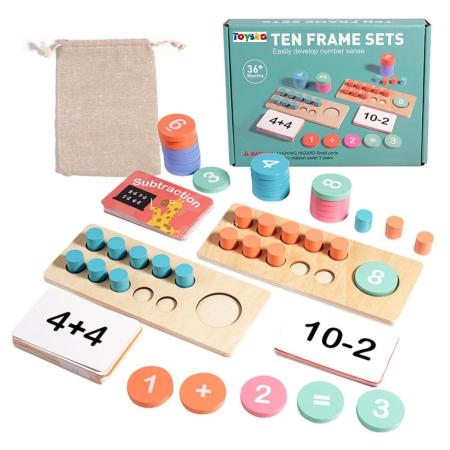 Jucarii educative si creative - Joc Educativ din lemn cu adunari, scaderi si numarat Ten Frame, multicolor