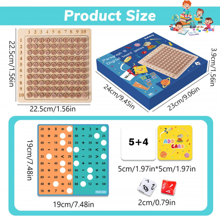 Joc educativ din lemn cu sabloane Tabla Inmultirii, cartonase, zaruri si pioni, multicolor [6]