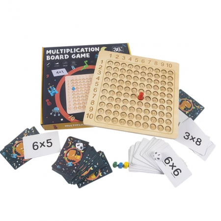 Joc educativ din lemn Tabla Inmultirii cu cartonase, zaruri si pioni, multicolor