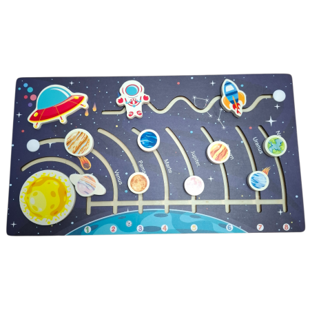 Jocuri educationale - Joc educativ labirint in limba Romana din lemn Sistemul Solar, multicolor