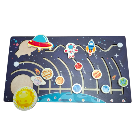 Joc educativ labirint in limba Romana din lemn Sistemul Solar, multicolor [2]