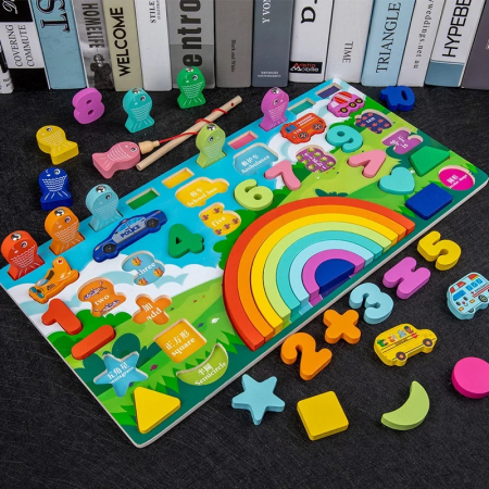 Joc educativ logaritmic Montessori din lemn 5 in 1 Curcubeu, multicolor [2]