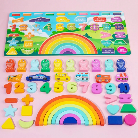 Joc educativ logaritmic Montessori din lemn 5 in 1 Curcubeu, multicolor [4]