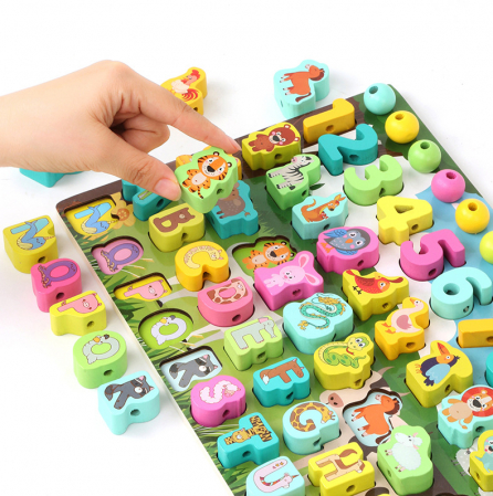 Joc educativ logaritmic Montessori din lemn 6 in 1 Animale, Snuruit si indemanare , multicolor [2]