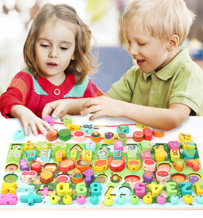 Joc educativ logaritmic Montessori din lemn 6 in 1 Fructe, Snuruit si indemanare , multicolor [4]