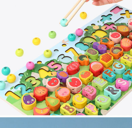 Joc educativ logaritmic Montessori din lemn 6 in 1 Fructe, Snuruit si indemanare , multicolor [5]
