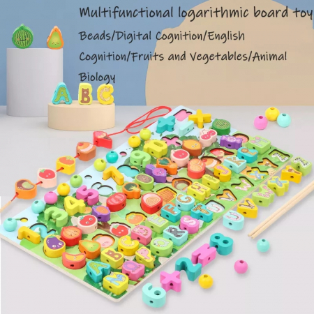 Joc educativ logaritmic Montessori din lemn 6 in 1 Fructe, Snuruit si indemanare , multicolor [2]