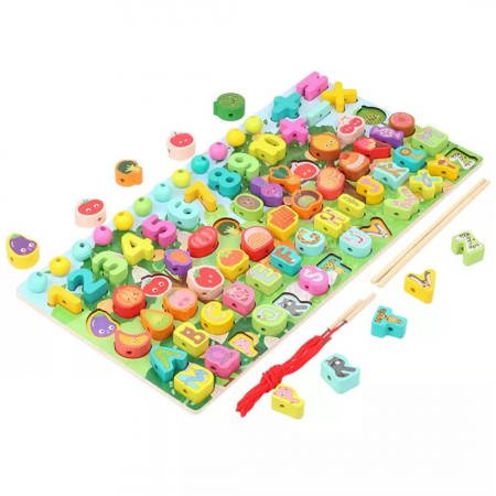 Joc educativ logaritmic Montessori din lemn 6 in 1 Fructe, Snuruit si indemanare , multicolor