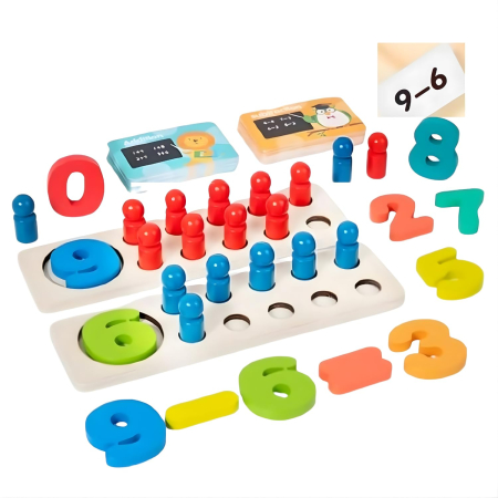 Jucarii educative si creative - Joc Educativ Matematic din lemn cu pioni pentru adunare și scădere si carduri ilustrative