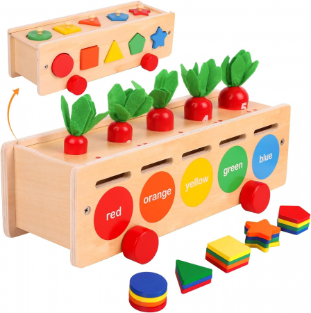 Joc educativ Montessori 3 in 1 cu Morcovi, indemanare si sortare, multicolor [1]