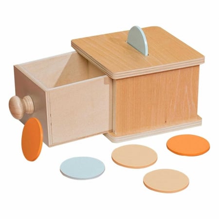 Jucarii Montessori din lemn - Joc educativ Montessori Cutia Permanentei cu sertar si discuri, multicolor