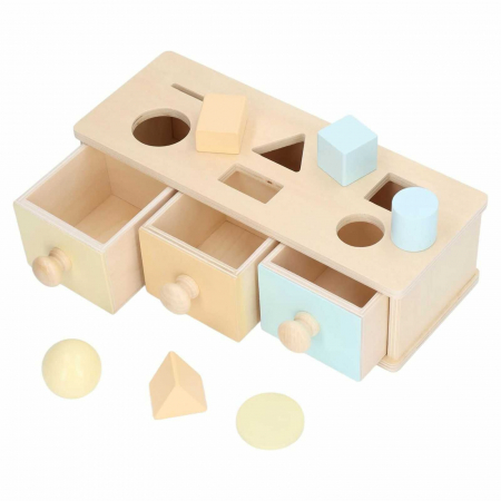 Jucarii Montessori din lemn - Joc educativ Montessori Cutia Permanentei cu sertare si forme geometrice, multicolor