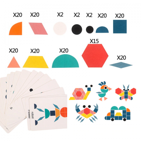 Joc educativ Tangram 180 piese din lemn, multicolor [5]