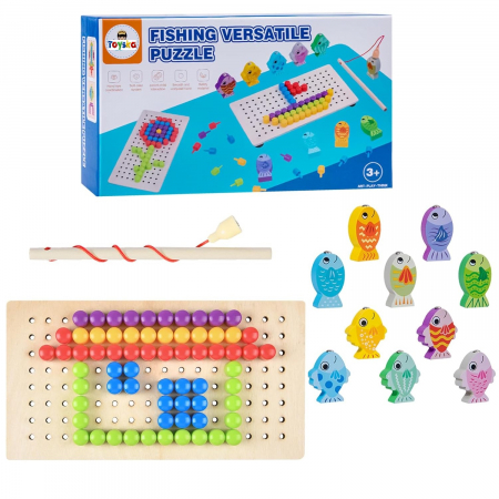 Jucarii Montessori din lemn - Joc Fishing Versatile 2 in 1, mozaic si pescuit magnetic, multicolor