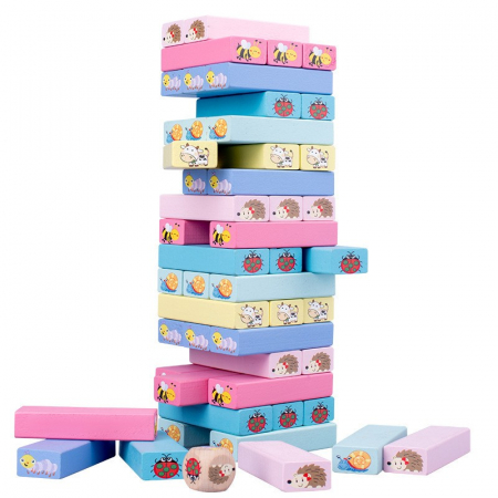 Jocuri societate - Joc Jenga Stack High Blocks din Lemn, Interactiv, Distractiv, Zar si 51 de Piese Animate, Multicolor