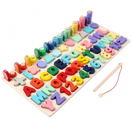 Joc educativ Logaritmic din lemn 4 in 1, Pescuit magnetic, Litere, Cifre, Forme, multicolor