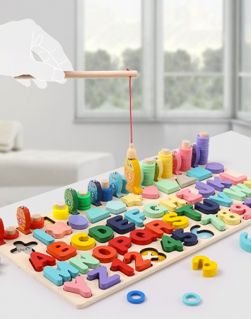 Joc educativ Logaritmic din lemn 4 in 1, Pescuit magnetic, Litere, Cifre, Forme, multicolor [1]