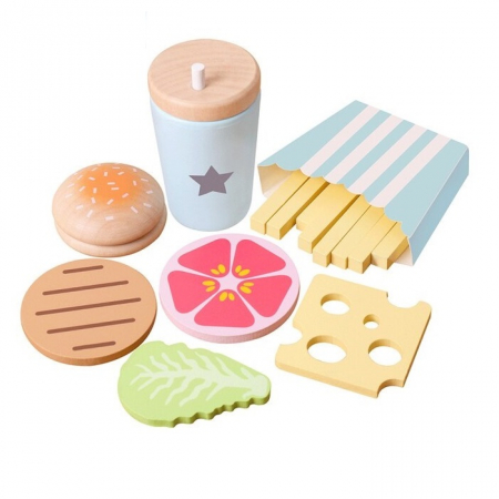 Jucarii Montessori din lemn - Joc lemn Meniu Hamburger jucarie French Fries Set, multicolor