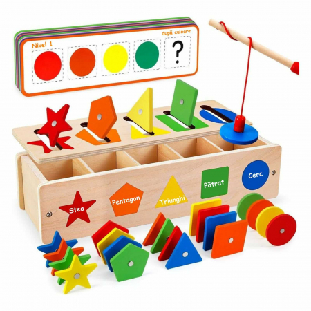 Jucarii Montessori din lemn - Joc Montessori de motricitate, sortare culori, asociere forme si pescuit magnetic in limba Romana