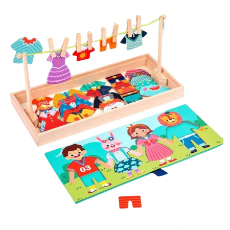 Jucarii Montessori din lemn - Joc Montessori din lemn 2 in 1, Imbraca Familia si usuca hainele, multicolor