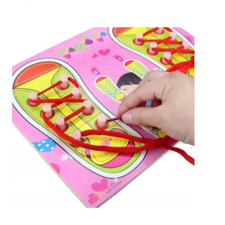 Joc Montessori din lemn si puzzle Invata sa legi sireturi, roz [3]