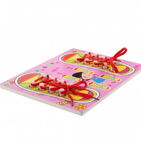 Joc Montessori din lemn si puzzle Invata sa legi sireturi, roz [2]